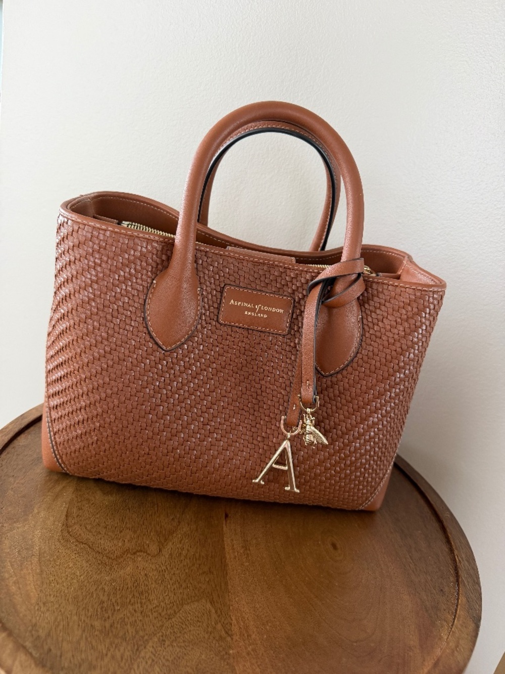 Aspinal of London Tan Woven Leather London Tote Midi